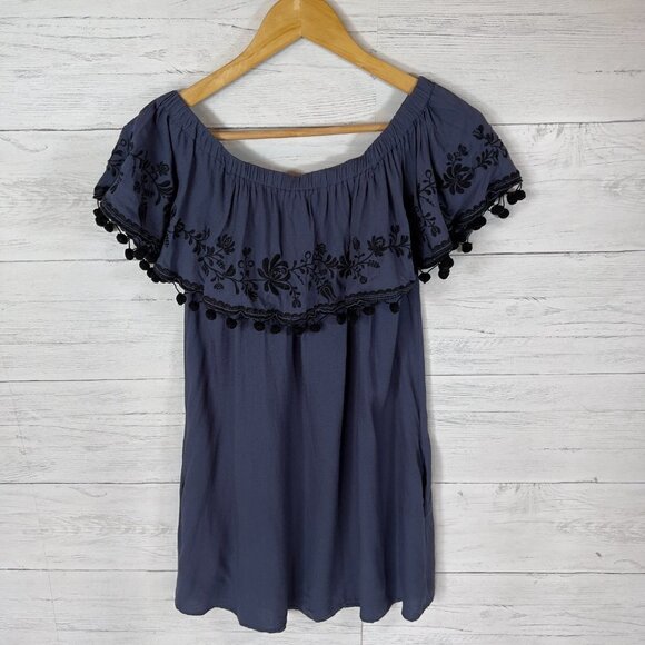 Umgee Dress Womens Size Medium Navy and Black Off the Shoulder Pom Poms Mini - Picture 9 of 14